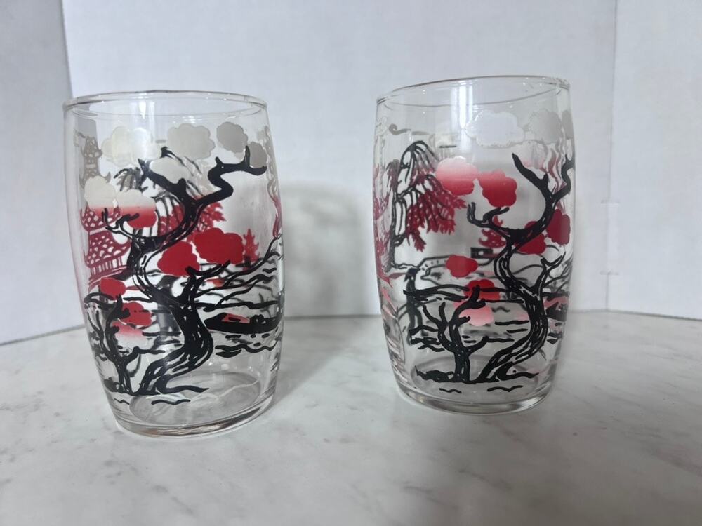 Vtg 1950s Pagoda Cherry Tree Chinoiserie Juice Glasses Tumblers Set of 2
